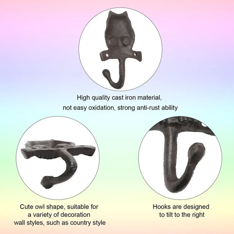 Set Of Two Cast Iron Owl Wall Hooks Super Heavy Duty Rustic Coat Rack Hangers Old School Vibe Built Like A Tank Sturdy As Nails To Hang Your Outerwear Inside close-up of cast iron owl hook with curved design