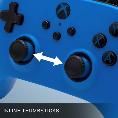 Close-up of the Officially Licensed Symmetric Wired Xbox Controller in Blue for Series X and S showing inline thumbsticks.