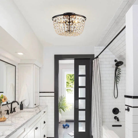 Dope Crystal Chandelier Flush Mount Ceiling Light For Bedroom Hallway Bar Kitchen Bathroom 8.4 In High By 13 In Wide Black Finish