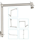 16 Inch Solid Brass Shower Arm Extension For Rain And Handheld Shower Heads With Adjustable Height G One Half Universal Connection Brushed Nickel, shown in various angles and positions.