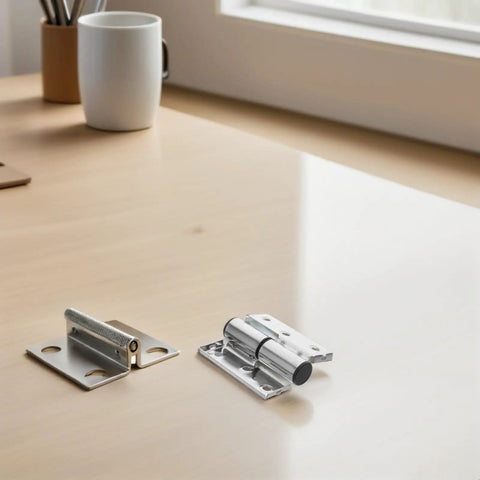 2 Pcs Heavy Duty Stainless Steel Concealed Hinges for Public Restroom Stall Partitions, flush mount design on wooden table.