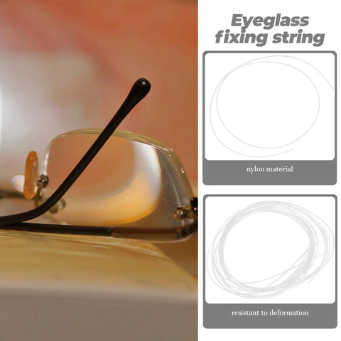 Close-up of eyeglasses with the Eyewear Repair String For Glasses Nylon Thread Quick Adjustment Tool shown in nylon loops.