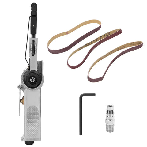10mm Pneumatic Belt Sander With High Speed 16000 RPM Air Grinding Polisher Tool with three sanding belts and accessories.