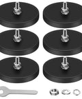 Six Pack One Quarter Inch Screw Hole Rubber Coated Magnets With Bolts And Washers For License Plate Mounting Heavy Duty Rare Earth Magnets With Threaded Studs Round Base And Flat Bar Mounting Hardware For Vehicle Camera And Rock Lights, front view