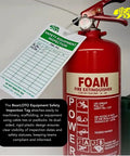 Safety Equipment Inspection Notice for Hazard and Accident Prevention Tags attached to foam fire extinguisher.