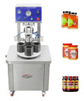 Heavy Duty Vacuum Capper For Glass Jars And Tin Cans With Adjustable 30 To 80 Mm Jaw in stainless steel with jars beside.