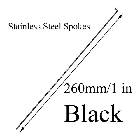 14G MTB Spokes With Nipples, 260mm, 304 Stainless Steel, Black Finish, 12 Pack, includes spoke illustration and dimensions.