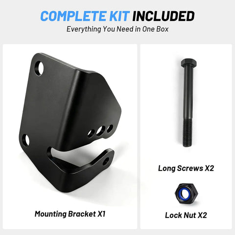 Heavy Duty Bed Step Relocation Bracket Kit For 2024 To 2026 Toyota Tacoma, includes mounting bracket, screws, and lock nuts.