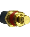 Engine coolant temperature sensor with brass body, red seal, and black plastic connector (close-up view)