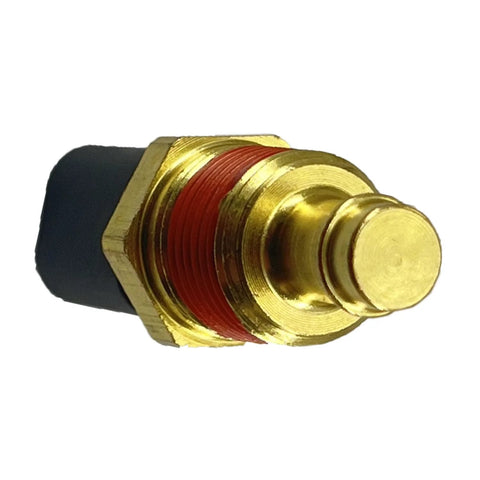 Engine coolant temperature sensor with brass body, red seal, and black plastic connector (close-up view)