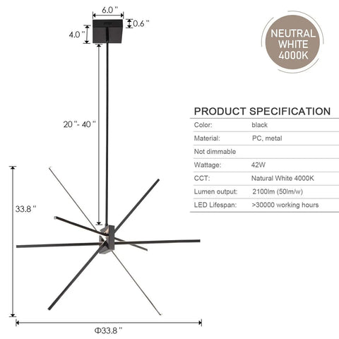 Technical diagram of Totally Lit Modern Black LED Chandelier Pendant Light With 8 Light Fixtures For Kitchen Island Dining Room and Living Room