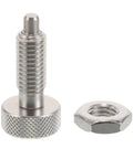 Heavy Duty Stainless Steel Self Locking Indexing Plunger Pin With Spring Loaded Retractable Knurled Handle And Locking Screw beside hex nut.