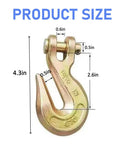 Two Pack Three Eighths Inch Chain Hooks Grade 70 Heavy Duty Clevis Grab Hooks For Trucking Towing And Industrial Chains 26,000 Pound Load Capacity Yellow Zinc Finish showing dimensions and design details.