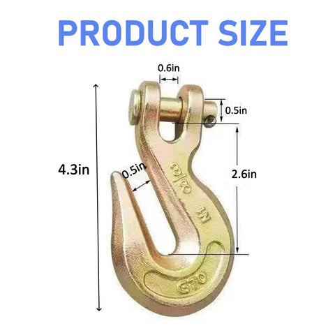 Two Pack Three Eighths Inch Chain Hooks Grade 70 Heavy Duty Clevis Grab Hooks For Trucking Towing And Industrial Chains 26,000 Pound Load Capacity Yellow Zinc Finish showing dimensions and design details.