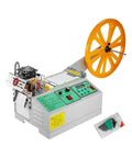 AOXHUGB Automatic Computer Cloth Tape Cutter With Hot Cold Knife features a yellow wheel, control panel for easy operation.