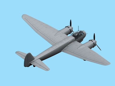 Ju 88A-5 WWII German Bomber Plastic Aircraft Model Kit in 1:48 Scale with numbered parts and stickers, aerial view
