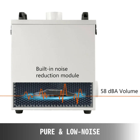 Straight Up Big Time 80W Air Purifier And Fume Extractor front view with noise reduction module and 58 dBA indicator.
