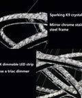 Lit Three Ring LED Crystal Chandelier, sparkling K9 crystal and stainless steel frame with 4000K dimmable LED, close-up view.