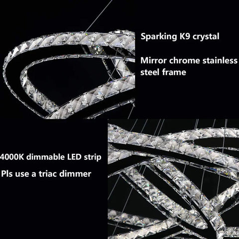 Lit Three Ring LED Crystal Chandelier, sparkling K9 crystal and stainless steel frame with 4000K dimmable LED, close-up view.