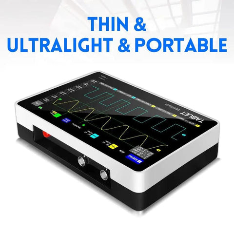 Grab-And-Go Portable Handheld Oscilloscope With 2 Channels, 100 MHz Bandwidth, 1 Giga Samples Per Second on black tablet