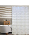 Waterproof PEVA Shower Curtain Liner 70 By 72 Inch With Light Filtering Clear Stripes Design Eco Friendly PVC Free Semi Transparent Bathroom Decor With Durable Hooks hung in a bathroom with a bathtub.