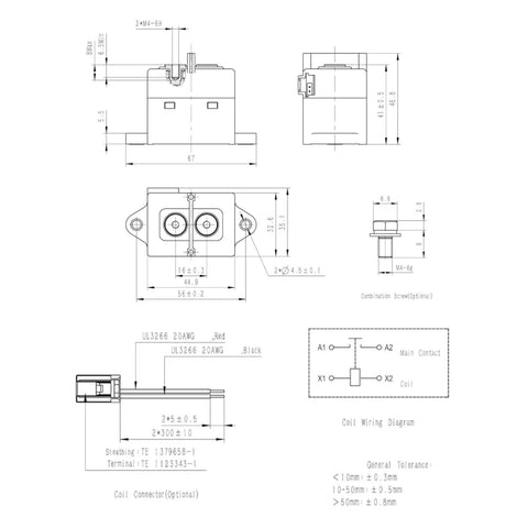 Heavy Duty High Voltage DC Relay Contactor With Ceramic Seal 40 Amp 1000 Volt DC Zero Arc Magnetic Blowout dimensions and wiring diagram.