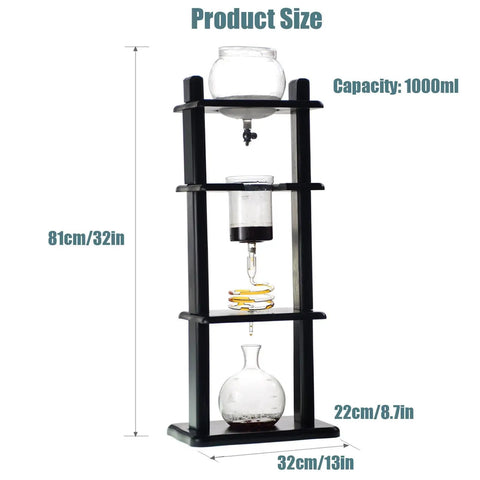 Heavy Duty Borosilicate Glass Cold Brew Tower Built For Smooth Daily Sips And Chillaxing Iced Coffee Via A No Frills Slow Drip Setup That Hands You Five To Eight Cups Of Damn Good Java Anytime On Your Counter showing size and capacity.