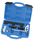 Top Shelf Car Timing Tool Kit With Hardcore Grip Camshaft Holding Belt And Shop Tested Timing Locking Kit For Auto Camshaft Tensioning and Dead Center Alignment Compatible With 16V 1.4 1.6 1.8 En6340 Km6340 Blue in a blue case, displaying various timing tools.