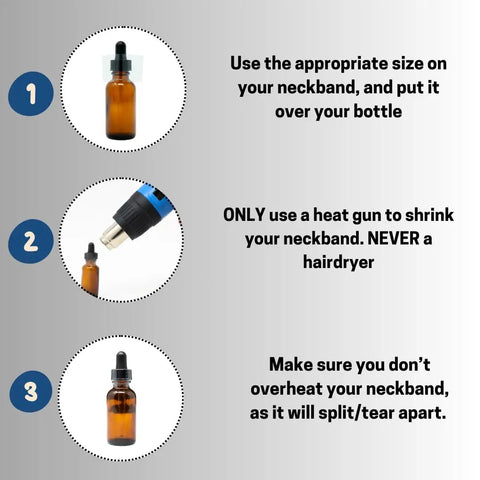 Pro Grade Clear Perforated Shrink Bands For Large Bulk Containers Tamper Evident Seals applied on amber bottle with instructions.