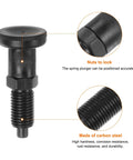 Heavy Duty Carbon Steel M12 Spring Plunger with black knob and threaded shaft for industrial secure clamping and positioning.