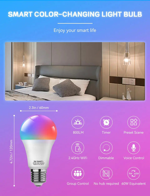 Color Changing LED Smart Bulb, 60W Equivalent, A19 E26 Base, shown in bedroom setting with smart features displayed.