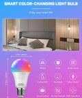 Smart Light Bulbs With WiFi And Bluetooth Five Point Zero Works With Alexa And Google Assistant App Control Color Changing RGB LED Bulbs E26 800 Lumens Dimmable Smart Home Lighting 4 Pack With Remote in stylish bedroom setting