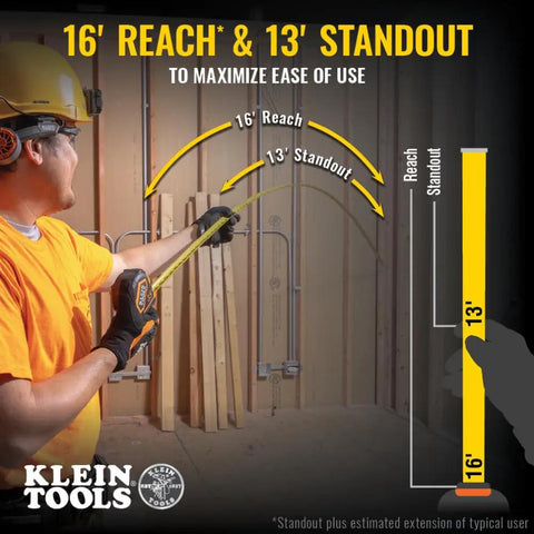 Man using 9235 Heavy Duty Magnetic Tape Measure With 16 Foot Reach in workshop with 16' reach and 13' standout illustration.