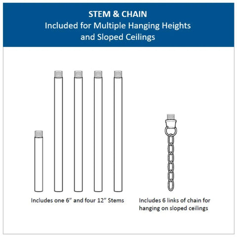 Diagram of stems and chain for adjustable hanging heights of the Glayse Gray Mini Pendant Light With Frameless Beveled Glass