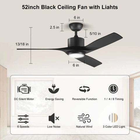 52 Inch Black Outdoor Ceiling Fan With Light And Remote For Patio, Modern Three Blade Design, Giant Airflow specs displayed