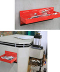 4 Piece Magnetic Tool Tray Set With Red Metal Trays And Strong Magnets attaching to workshop machines and walls