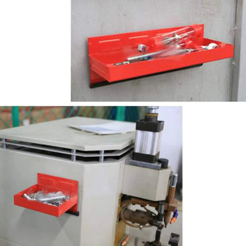 4 Piece Magnetic Tool Tray Set With Red Metal Trays And Strong Magnets attaching to workshop machines and walls