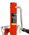 Torin 1000 lb trailer jack with wheel, side view, orange bolt-on boat/RV tongue jack with silver crank handle