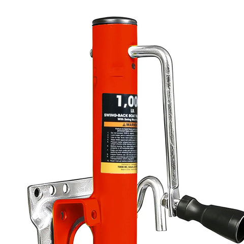 Torin 1000 lb trailer jack with wheel, side view, orange bolt-on boat/RV tongue jack with silver crank handle