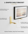 L Shaped Aluminum Shelf Bracket In Gold Finish For Wall And Desktop Display, Slick Low Profile Design, holds photo frame steady