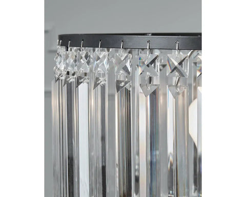 Close-up of crystal beaded drum shade on 27 Inch Modern Glam Crystal Table Lamp In Black - Metal Build With Crystal Beaded Drum Shade.