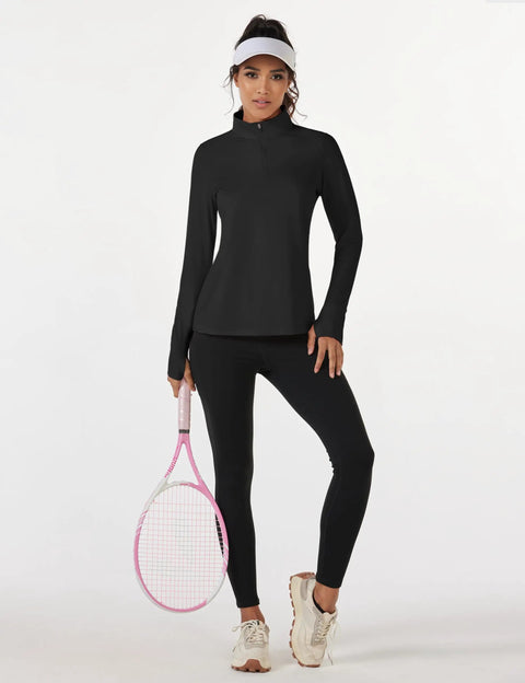 Cozy Womens Quarter Zip Fleece Lined Pullover With Thumb Holes Lightweight Thermal Long Sleeve V Neck Shirt For Running Or Gym Black Size Large Ideal For Cold Weather Runs And Workouts