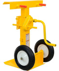 Heavy Duty Rugged Trailer Jack Stand With Slick Rolling Wheels, 41 To 55 Inch Adjustable Height Steel Base, Fold Away Hand Crank, Rock Solid For Shop Tasks side view showing yellow steel frame and durable casters.