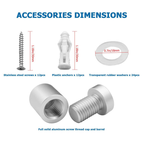 Straight Up Premium 12 Pack Aluminum Standoff Screws Wall Mount Hardware for Acrylic Signs and Glass Displays featuring components and dimensions.