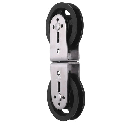 Rotatable Dual Pulleys for Cable Machines, heavy load training system with smooth black nylon wheels and sturdy metal frame.