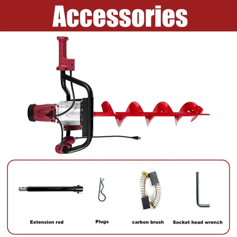 Accessories for Beast Mode 1500W Electric Post Hole Digger With 6 Inch Auger Bit including extension rod, plugs, carbon brush, wrench.