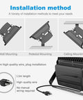 Installation options for Ultra Bright 200W LED Flood Light 6000K Daylight White, mountings and plug details shown.