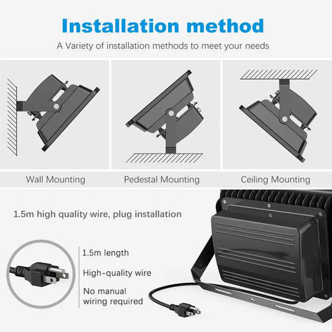 Installation options for Ultra Bright 200W LED Flood Light 6000K Daylight White, mountings and plug details shown.