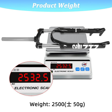 Beefy 100mm Travel Mountain Bike Front Fork For 26, 27.5, And 29 Inch Wheels on electronic scale showing 2532.5g weight