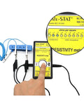 Adjustable ESD Wrist Strap With Grounding Plug And Coiled Cord Blue shown with resistivity meter for electronics assembly